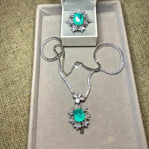 S925 huge Paraiba Tourmaline flower bridal jewelry set - Picture 7 of 16